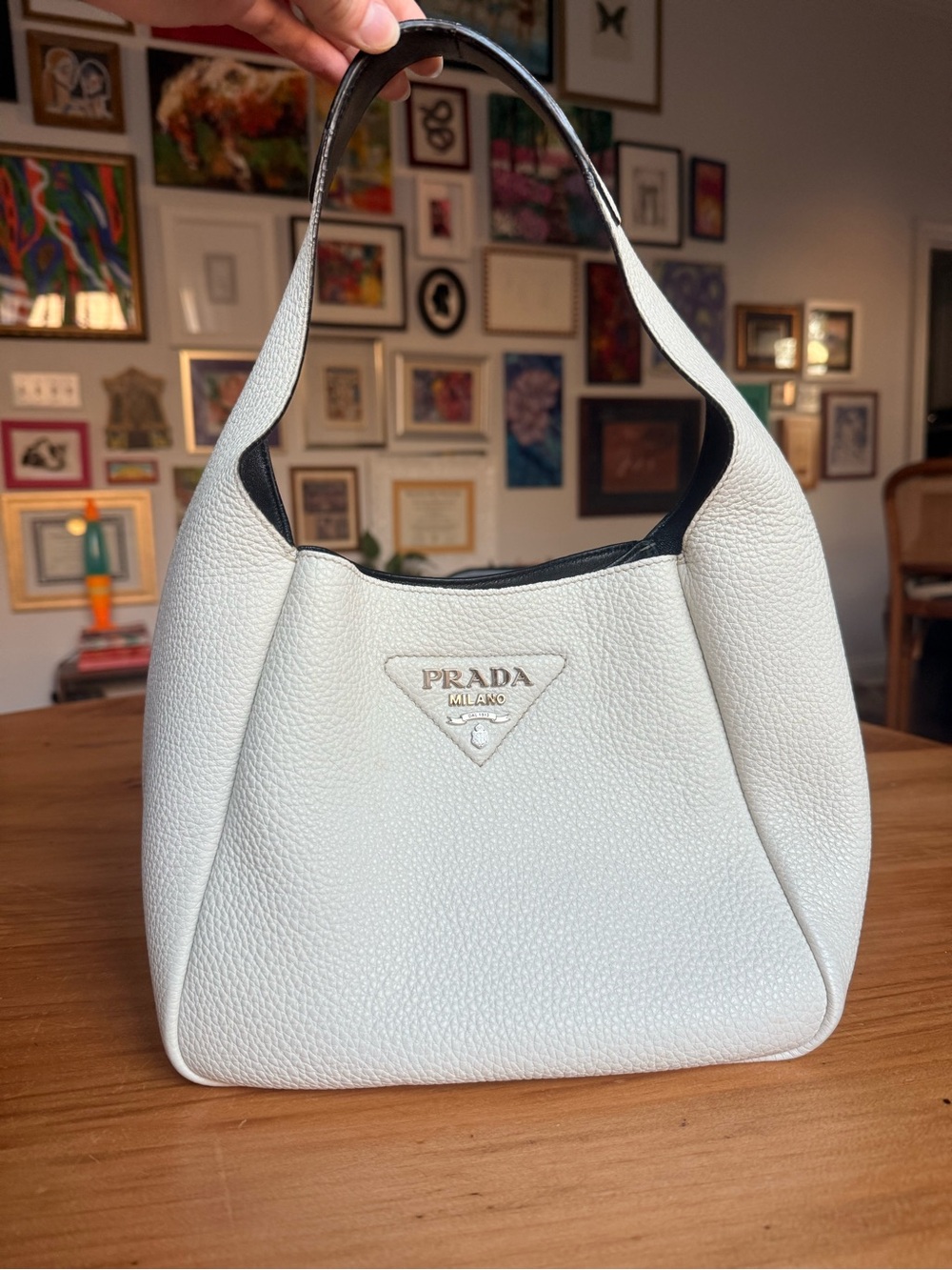 Prada Vitello Daino Soft White & Black Leather Hobo Shoulder Bag 1BC127